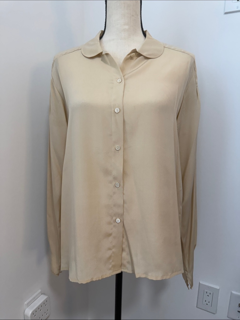 VINTAGE Jack Mulqueen 100% Silk Champagne Button Front Blouse.  Sz 12